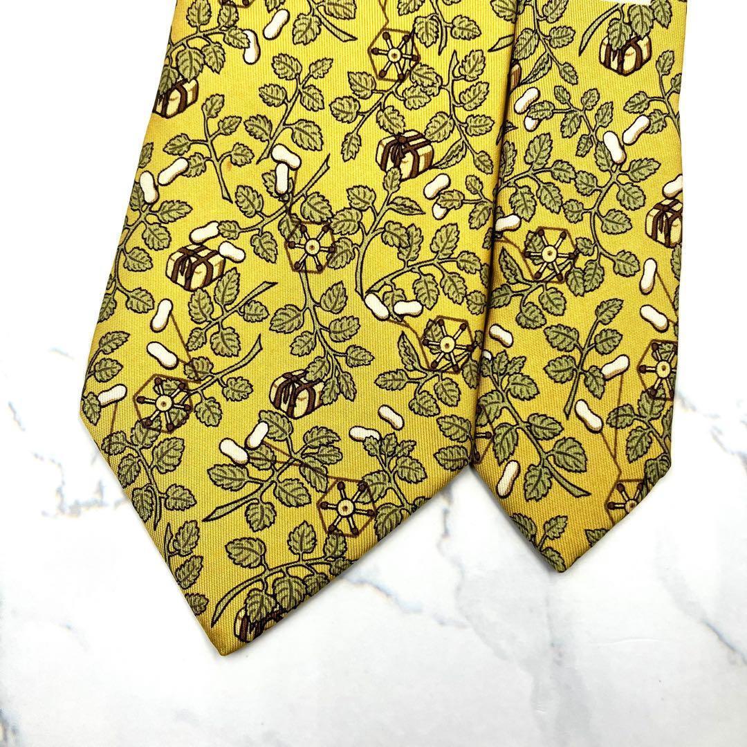 ◆美品◆HERMES エルメス ネクタイ 黄色 植物柄 オシャレ