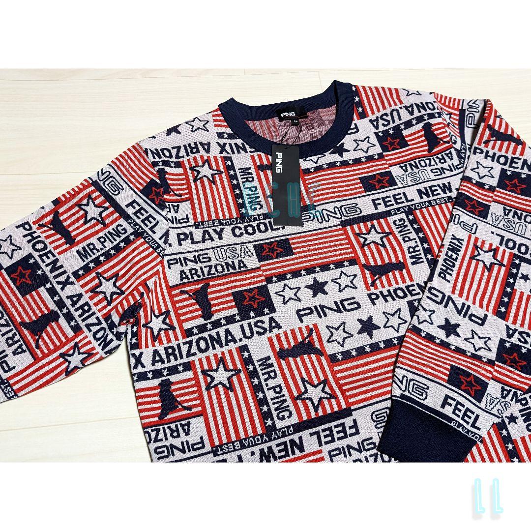 新品 【ＬＬ】【レッド】ピン 長袖 クールネックニットゴルフウェア