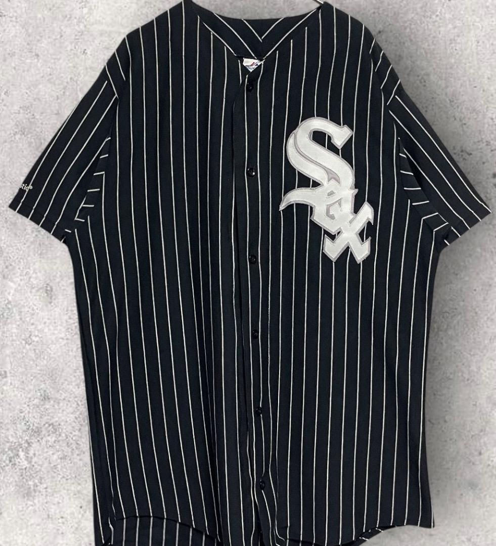 .マジェスティック アメリカ製 ホワイトソックス ストライプ ベースボールシャツ