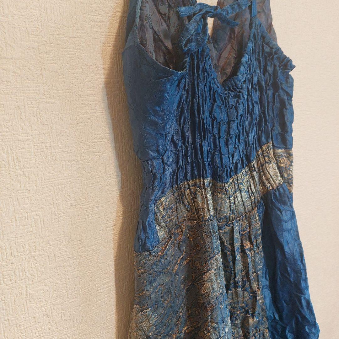 美品 インド製 シルク100% ロングワンピース サリーリメイク風 エスニック