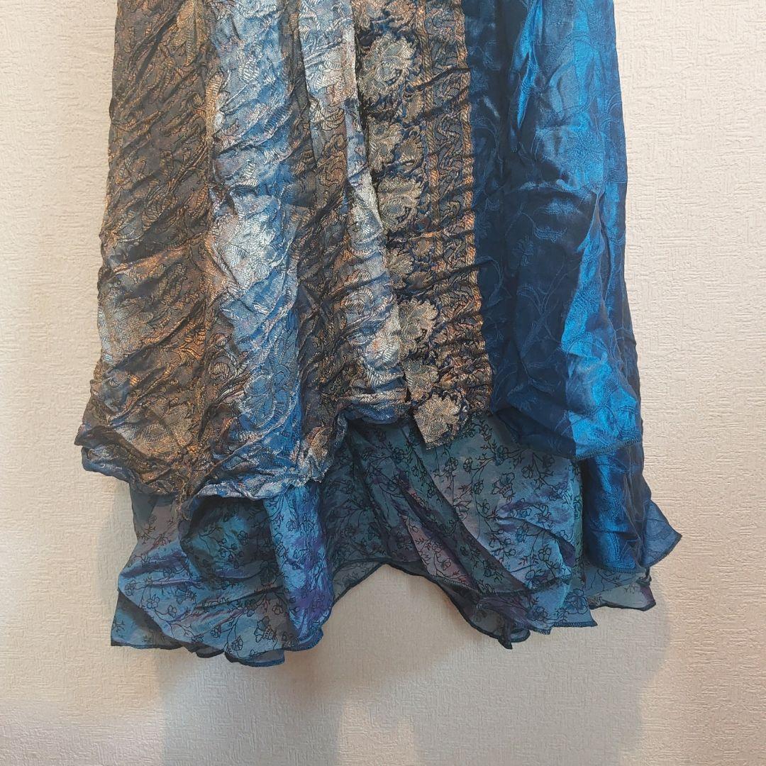 美品 インド製 シルク100% ロングワンピース サリーリメイク風 エスニック