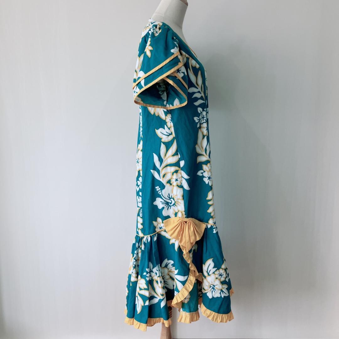 【美品】　メネフネプランテーション　フラダンス衣装ワンピースグリーン×イエロー