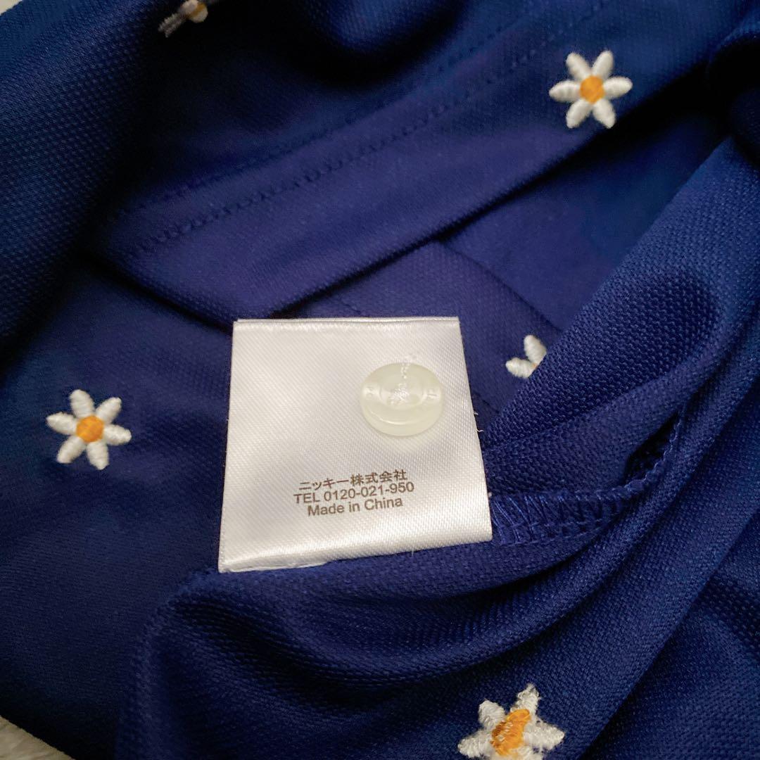【美品】マリクレールスポール デイジー総柄ポロシャツ L ネイビー 刺繍
