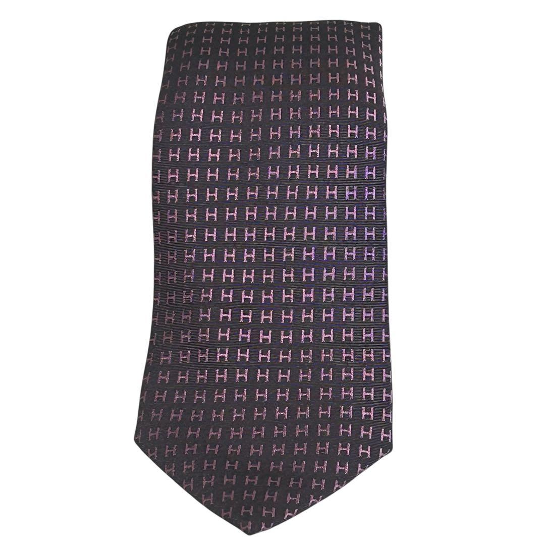 極美品　エルメス　シルクHロゴタイ　ブラウン×ピンク8cm