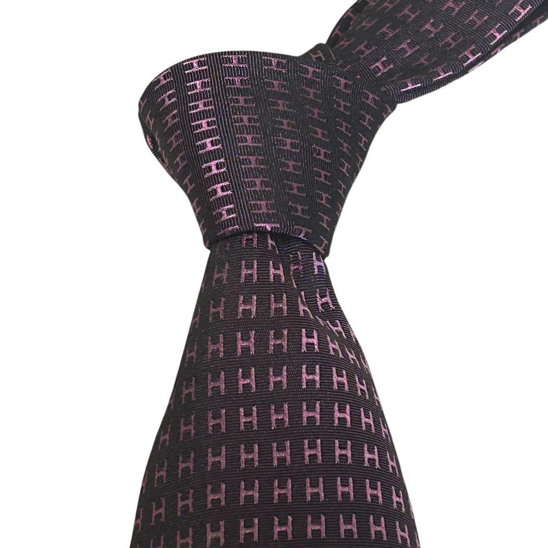 極美品　エルメス　シルクHロゴタイ　ブラウン×ピンク8cm