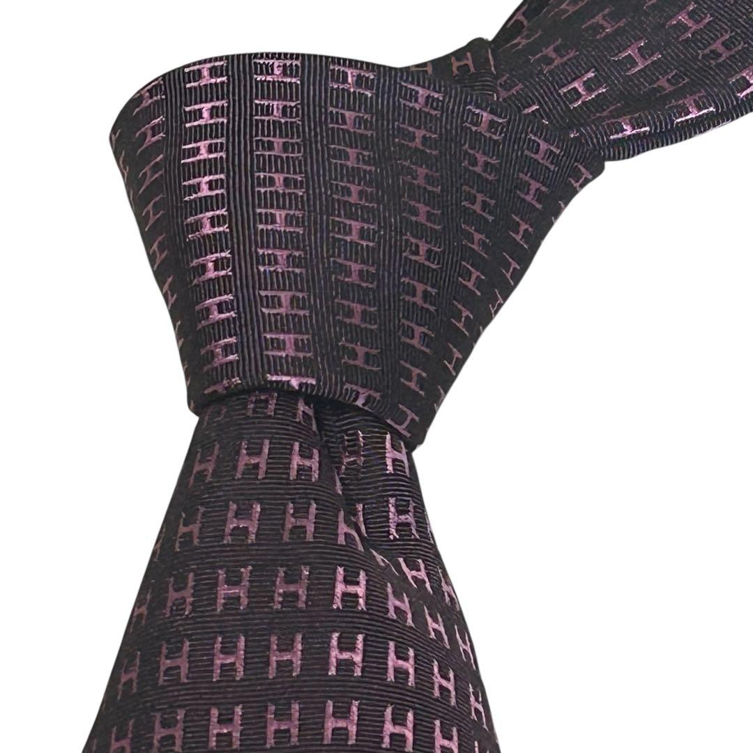 極美品　エルメス　シルクHロゴタイ　ブラウン×ピンク8cm