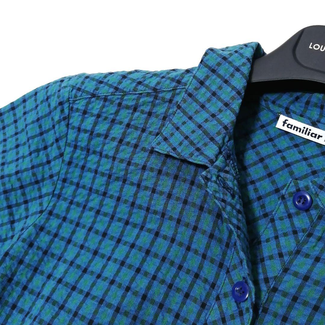 極美品✨ ファミリア　シャツワンピース　チェック　クマ 刺繍　リボン　M　ブルー