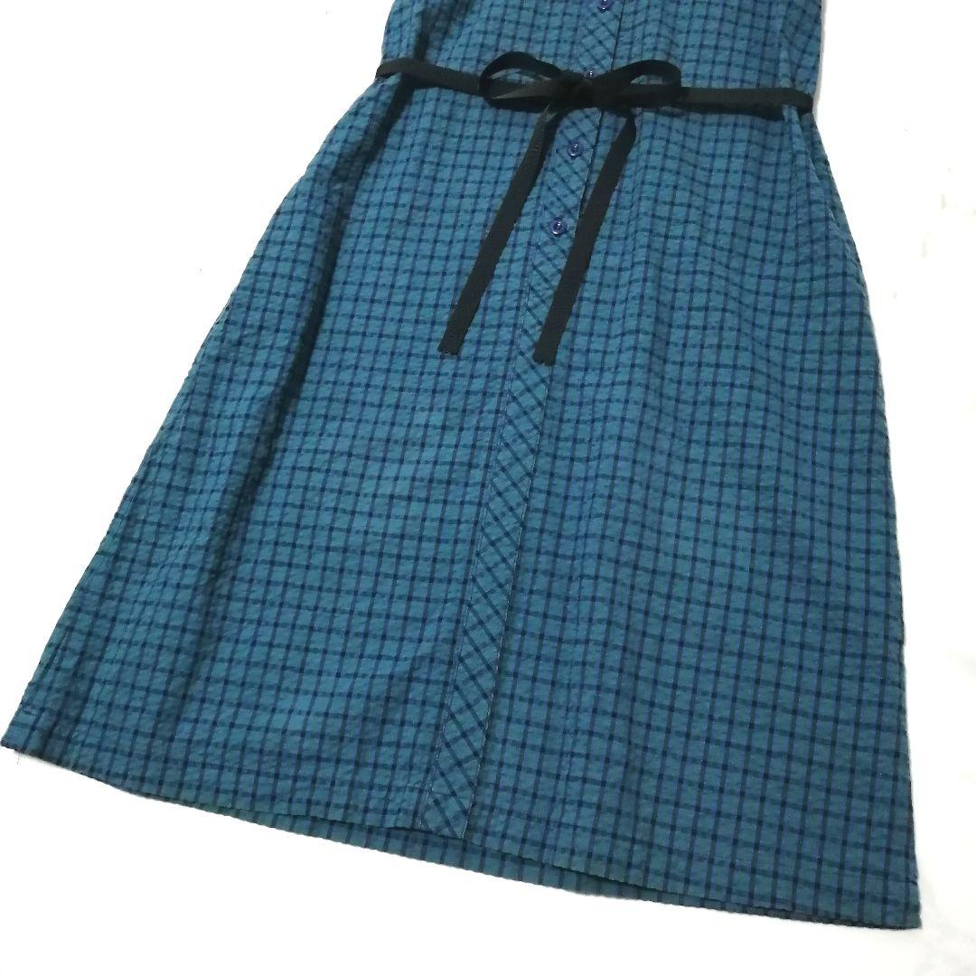 極美品✨ ファミリア　シャツワンピース　チェック　クマ 刺繍　リボン　M　ブルー