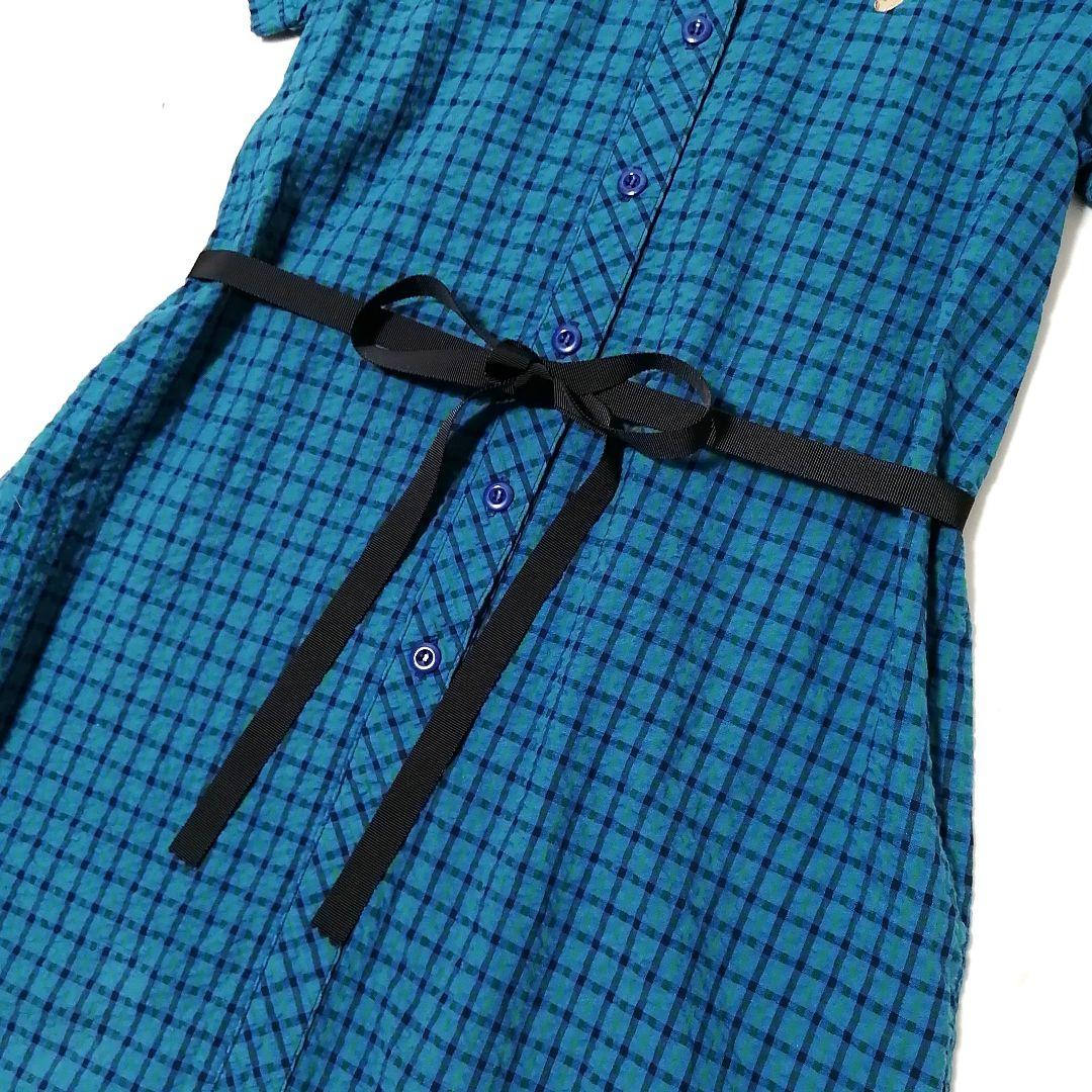 極美品✨ ファミリア　シャツワンピース　チェック　クマ 刺繍　リボン　M　ブルー