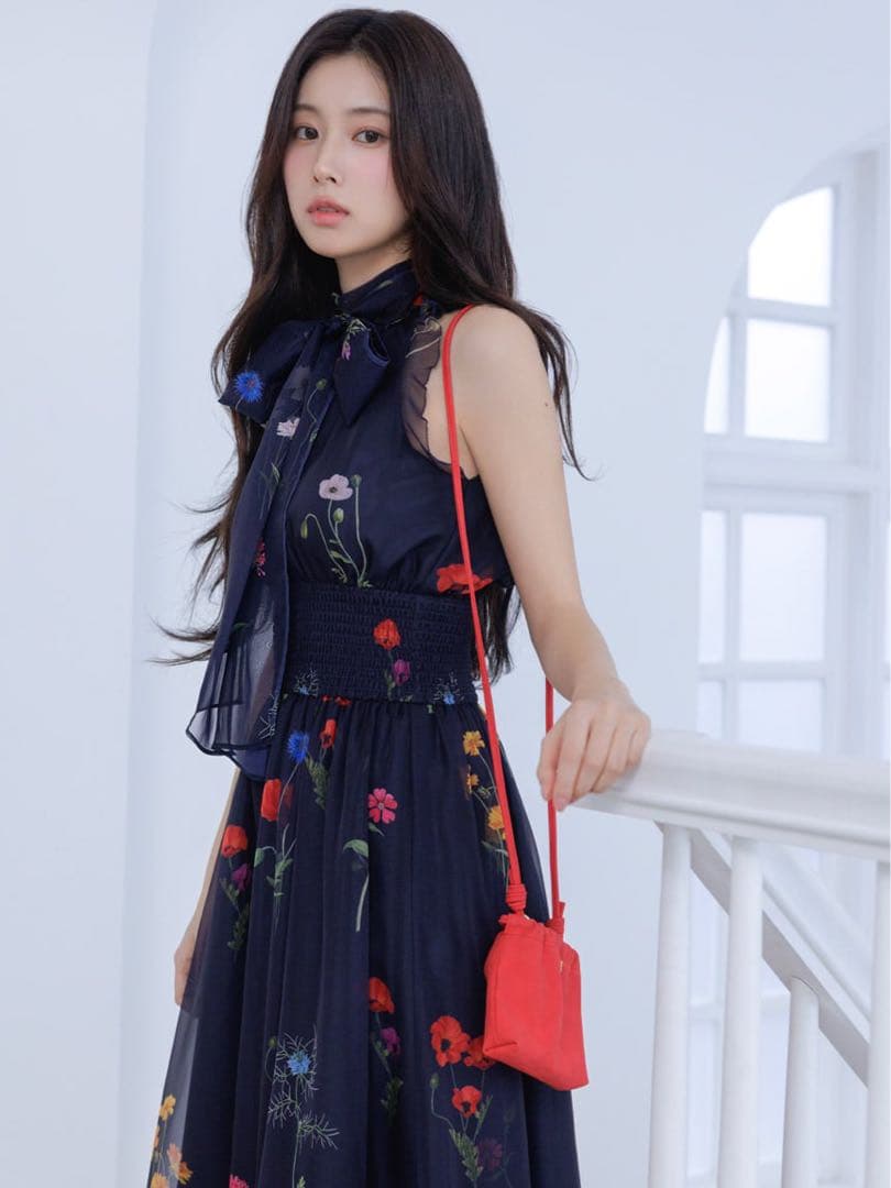 snidelスナイデル　バックリボンシフォンワンピース　NVY