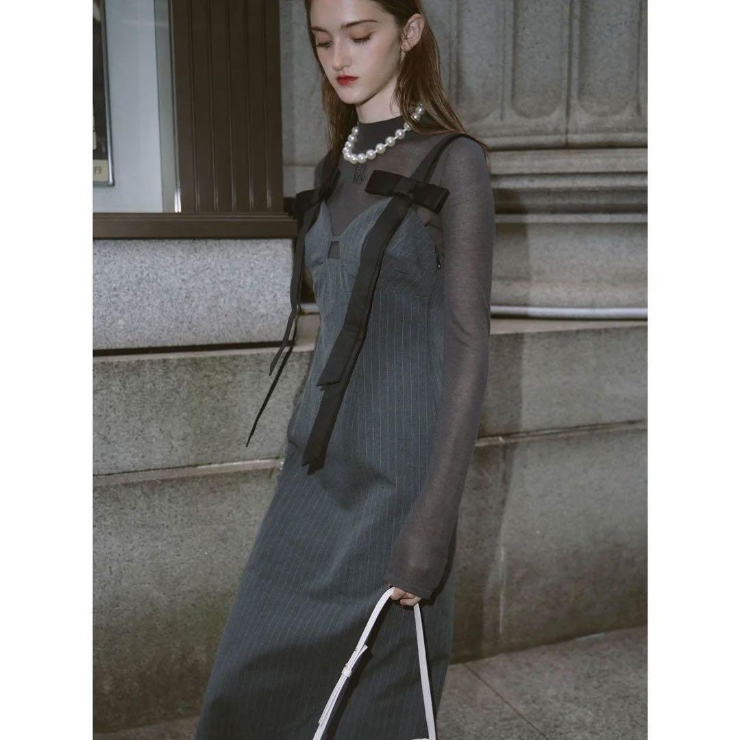 【eimy istoire】ショルダーリボンワンピース　グレー　オケージョン