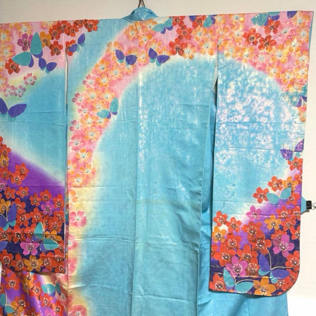 【舞台衣装】 引き振袖 オーロラ金属糸 金駒刺繍 袷 広衿 身丈約184cm