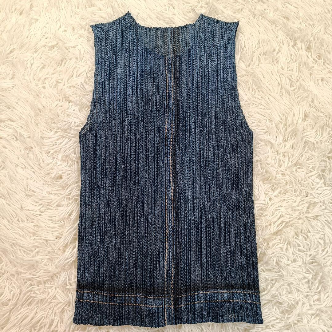 プリーツプリーズ イッセイミヤケ ジレ ベスト シャツ デニム 転写 ネイビー