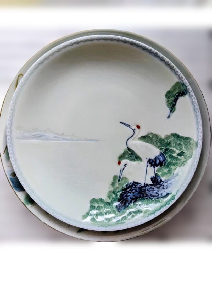 明治時代古伊万里銅板転写八角皿　有田焼手描き絵付飾り皿大と中