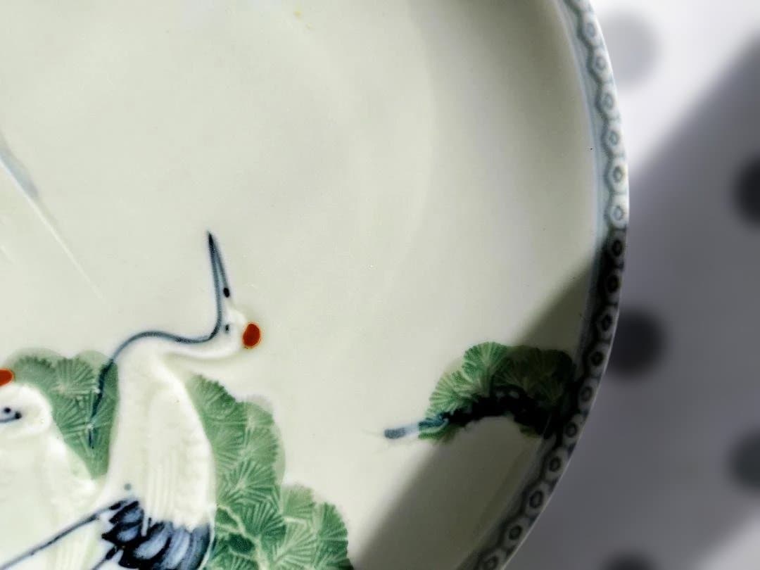 明治時代古伊万里銅板転写八角皿　有田焼手描き絵付飾り皿大と中