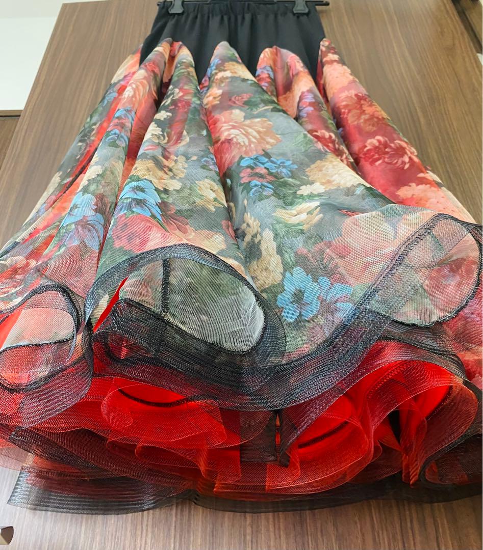 社交ダンス　モダン　ドレス　ロングスカート　赤　花柄