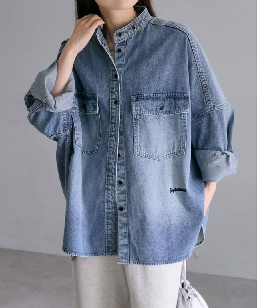訳有 新品 ヴィンテージライクデニムバンドカラーシャツ ブルー系