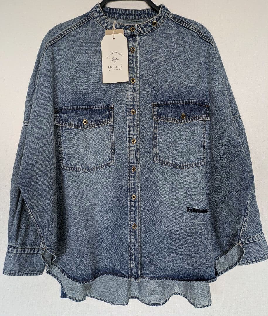 訳有 新品 ヴィンテージライクデニムバンドカラーシャツ ブルー系