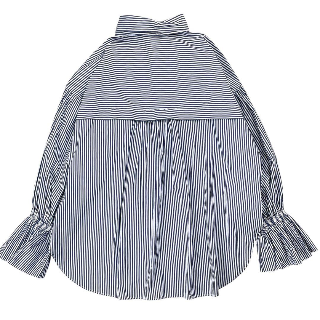 美品 シップス 近年 ストライプ 2WAY ボウタイシャツブラウス ネイビー