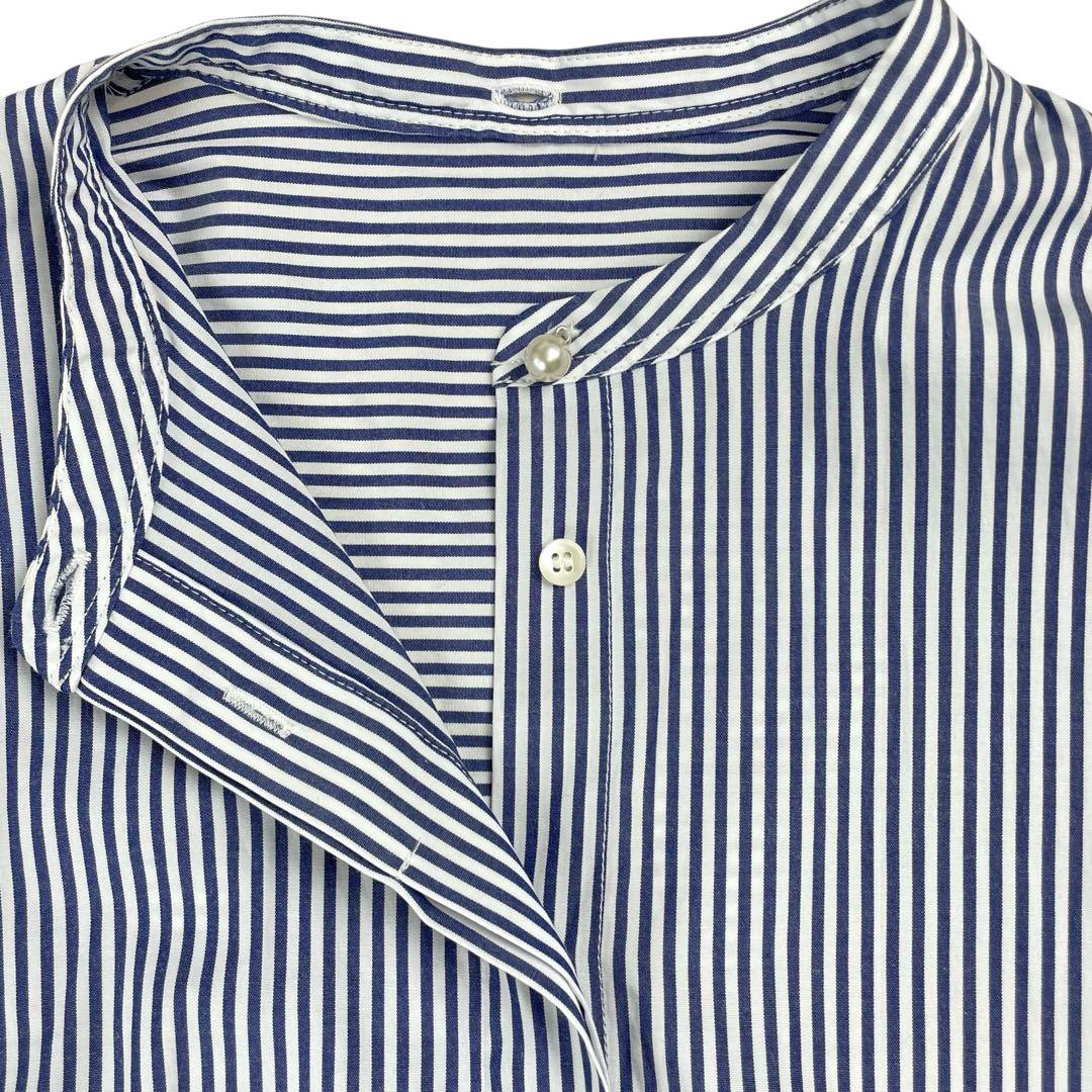 美品 シップス 近年 ストライプ 2WAY ボウタイシャツブラウス ネイビー