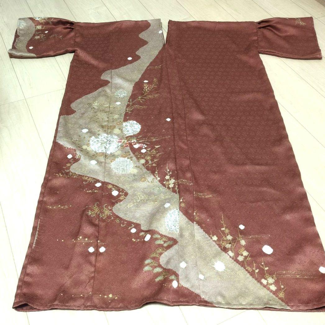 コ*ロ様 正絹 蘇芳香 流線 絞りと草花 着物リメイクV開きワンピ*