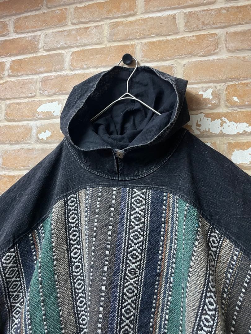 ポンチョ　パーカー　メキシカンパーカー　総柄　サラッペ　黒　古着　民族