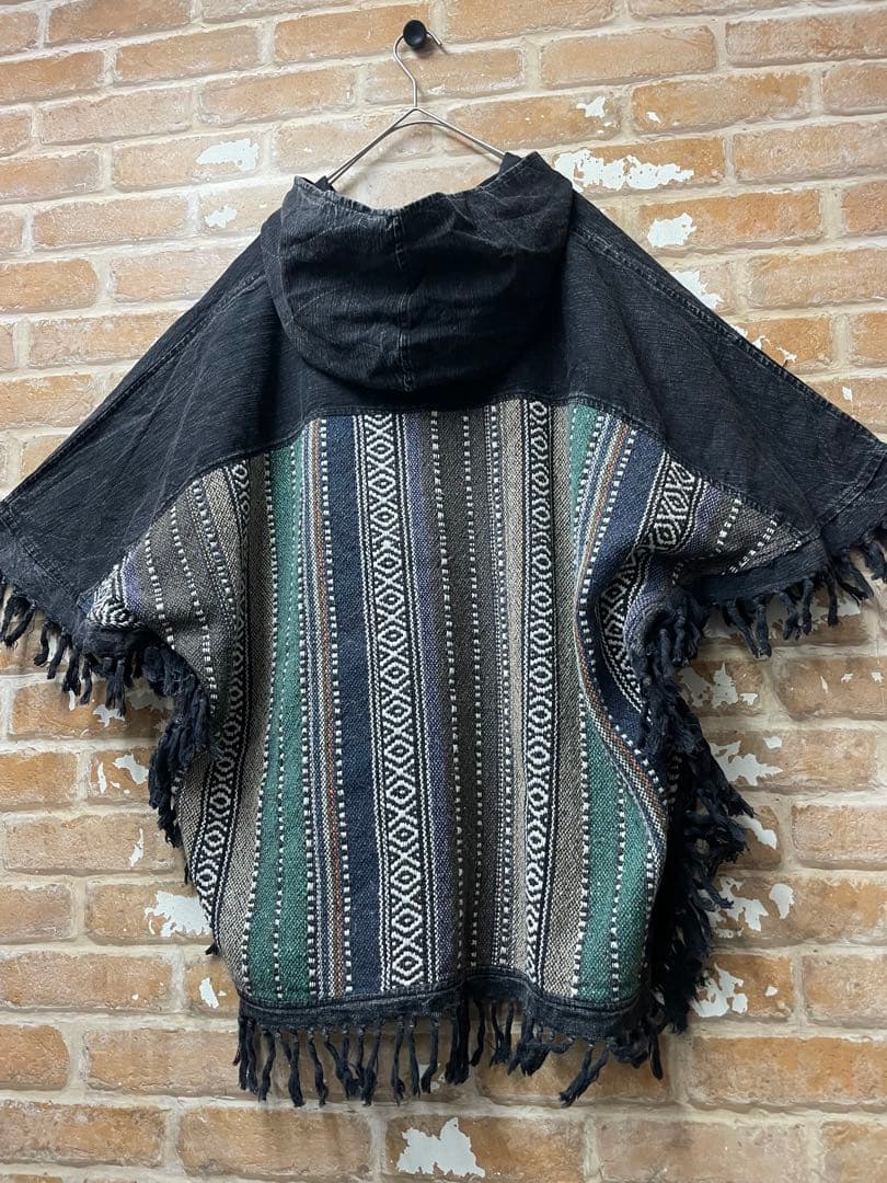 ポンチョ　パーカー　メキシカンパーカー　総柄　サラッペ　黒　古着　民族
