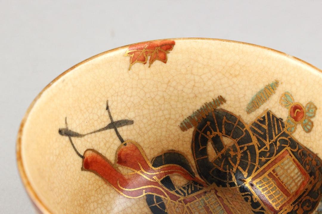 マ*ル様 No4754 京焼　野々村仁清　金彩色絵御所車文茶碗　陶印有　合箱　送