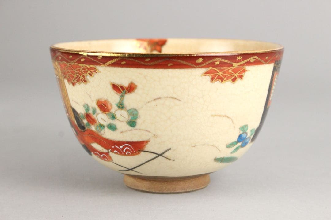 マ*ル様 No4754 京焼　野々村仁清　金彩色絵御所車文茶碗　陶印有　合箱　送