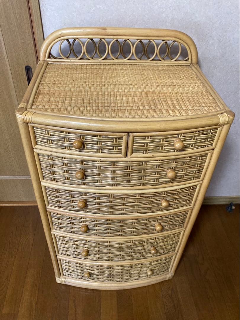 昭和レトロ　ラタン製チェスト 6段7引き出し ナチュラルウッド　美品