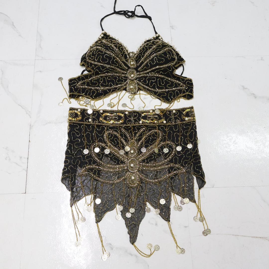 【ベリーダンス用 オリエンタル衣装】ブラック×ゴールド ゴールド付き 黒