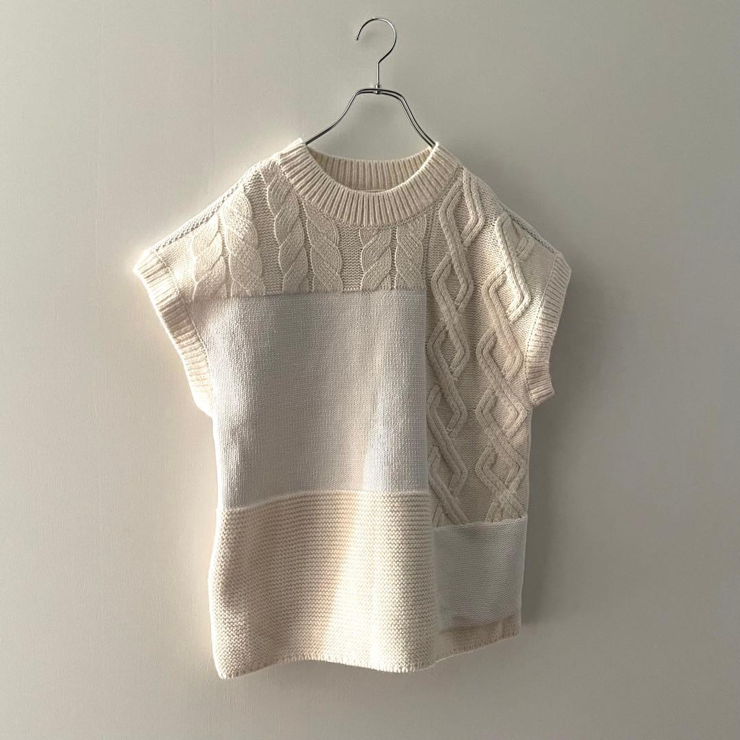 センソユニコ　ニット　ケーブル編み　ベスト　アルパカ　アイボリー　ゆったり