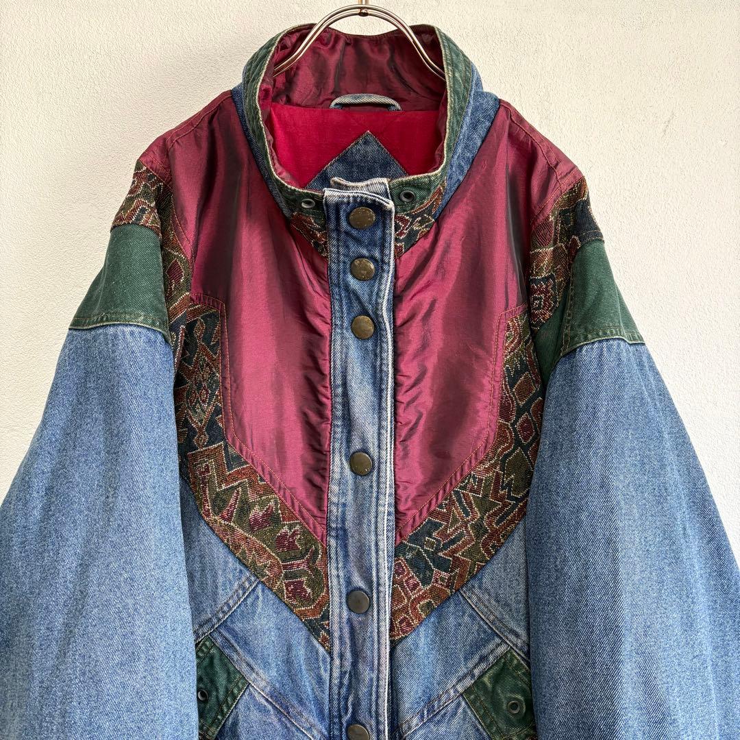 90s クレイジーパターン 中綿 デニムジャケット サイズL