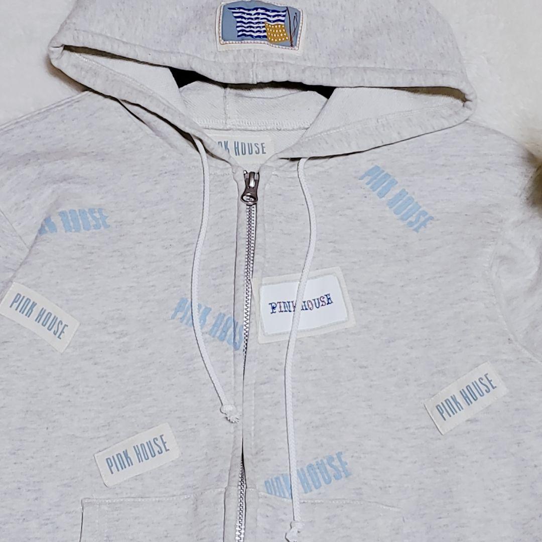 ピンクハウス ロゴ総柄 ワッペン 国旗 ジップパーカー グレー M