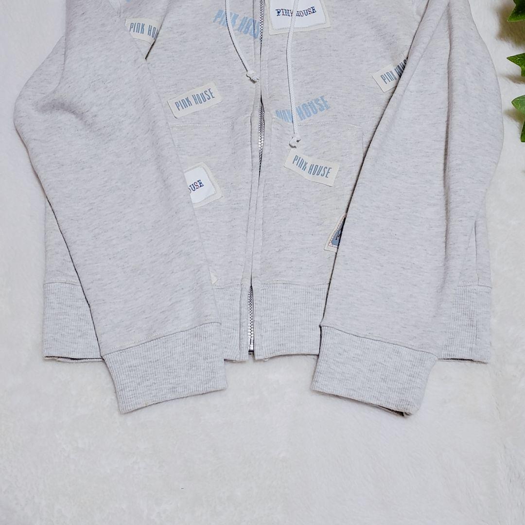 ピンクハウス ロゴ総柄 ワッペン 国旗 ジップパーカー グレー M