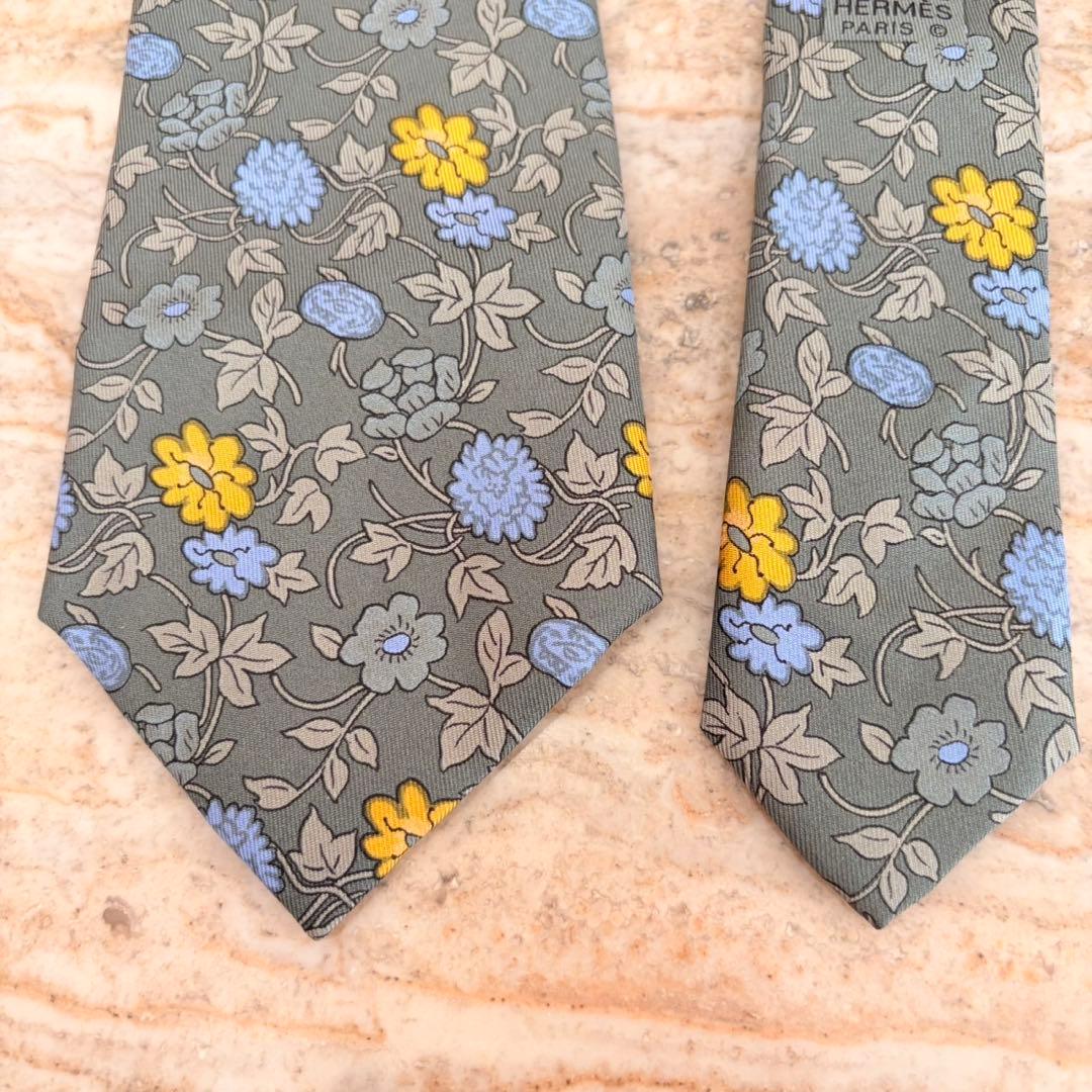 N430 新品未使用 エルメス 花柄 総柄 ネクタイ グリーン グレー メンズ