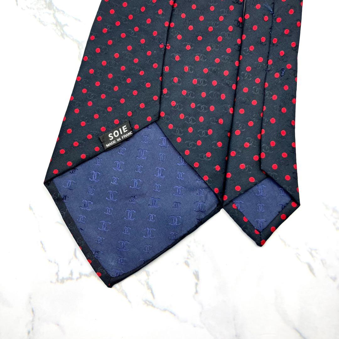 ◆美品◆CHANEL ネクタイ 黒色 ドット柄 ロゴ入り オシャレ 希少