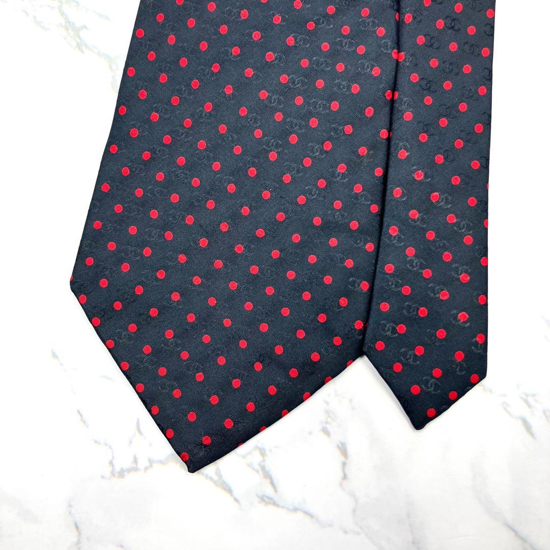 ◆美品◆CHANEL ネクタイ 黒色 ドット柄 ロゴ入り オシャレ 希少