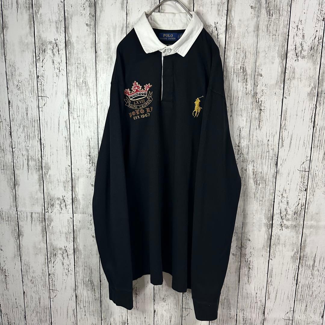 【ポロラルフローレン】ラガーシャツ☆ブラック　ゴールド☆刺繍☆ビッグポニー☆XL