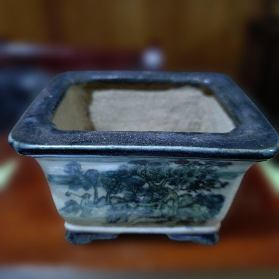 中型陶器植木鉢 風景画と花の装飾