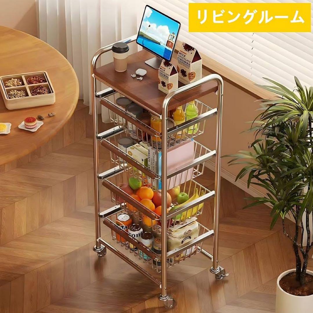 5段トロリー 木製天板付き グリッド引き出し4個キャスター付き
