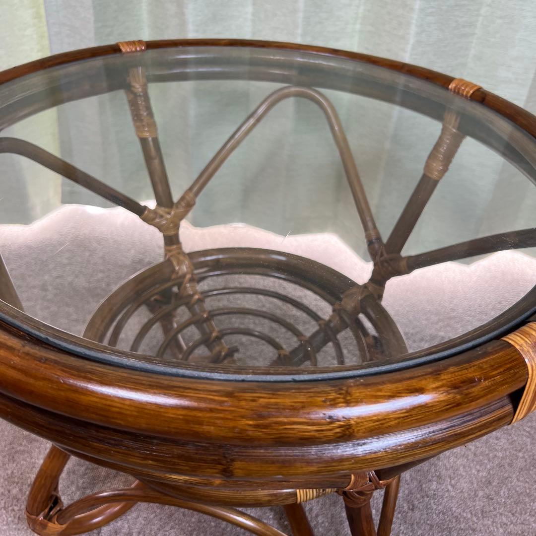 ラタン ガラステーブル 円卓 籐 昭和レトロ ヴィンテージ ローテーブル