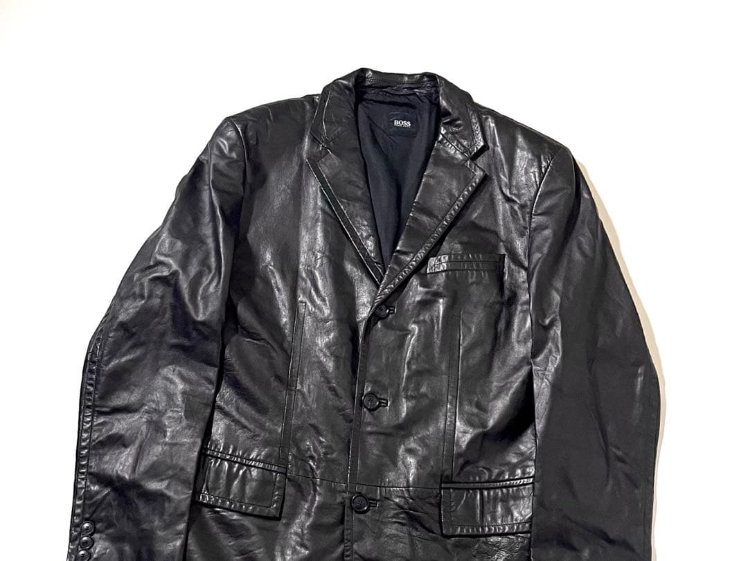 【美品】HUGO BOSS　ラムレザー テーラード ジャケット　54サイズ　黒