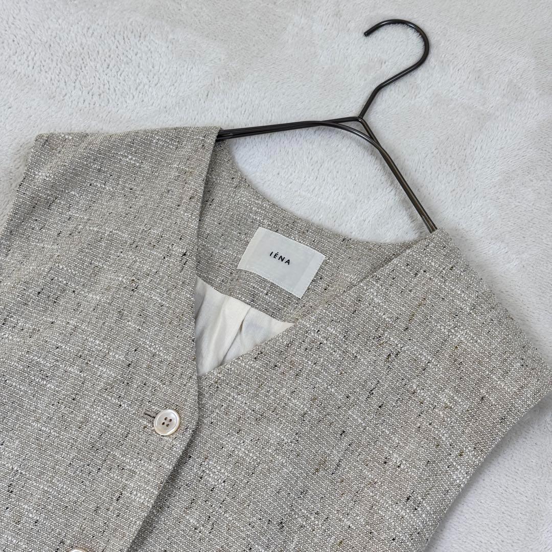 IENAイエナ　ツイードテーラードベスト　ノースリーブ　リボン　ベージュ