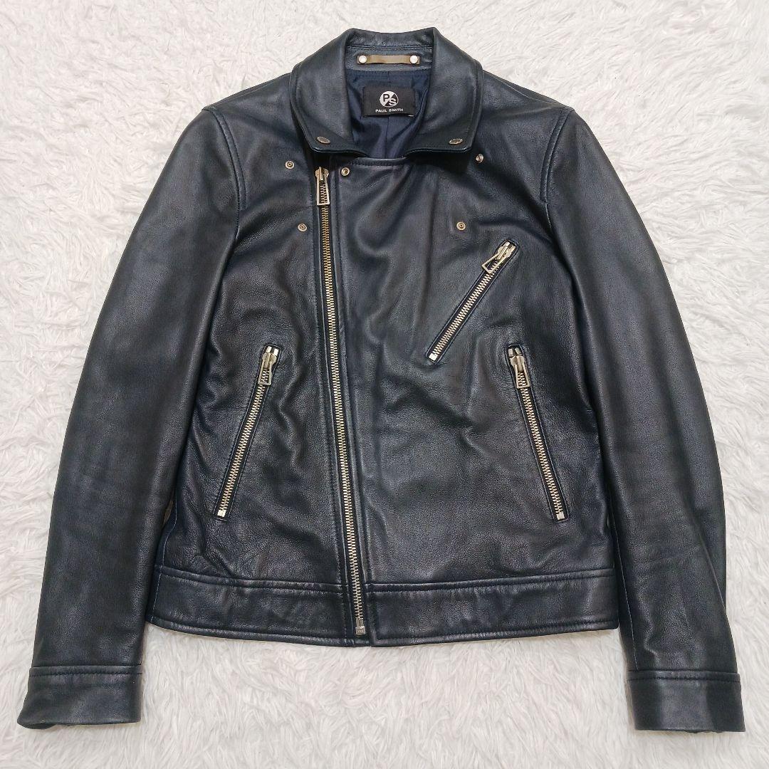 ✨良品✨PS PaulSmith ダブルレザーライダースジャケット　ネイビー　M