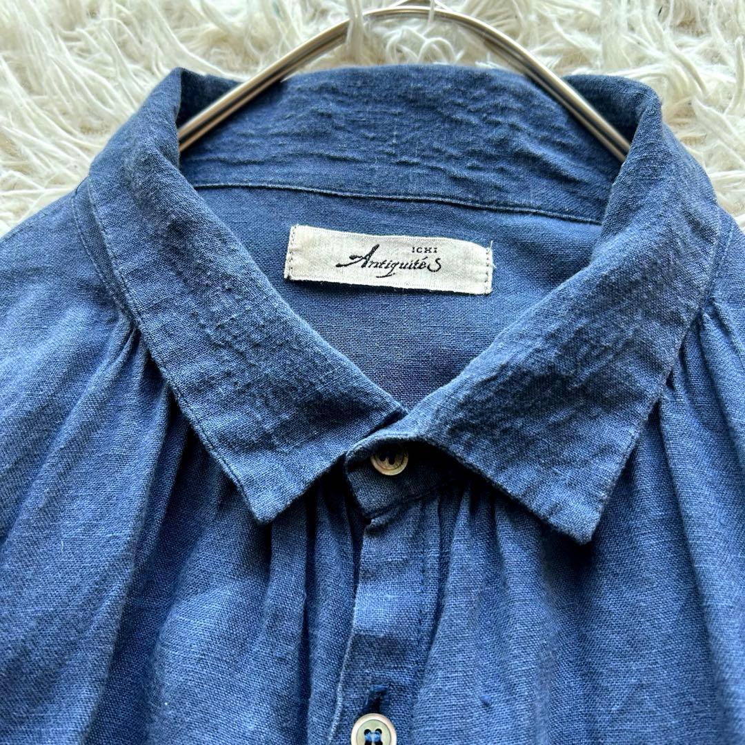 イチアンティークス インディゴ リネン シャツワンピース ギャザー切替 藍染