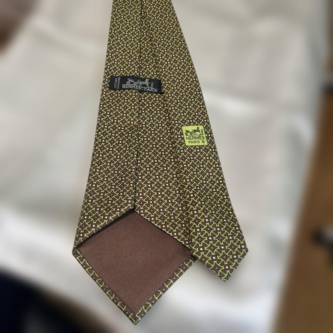 HERMES エルメス ネクタイ グリーン系 ブラウン シルク100%