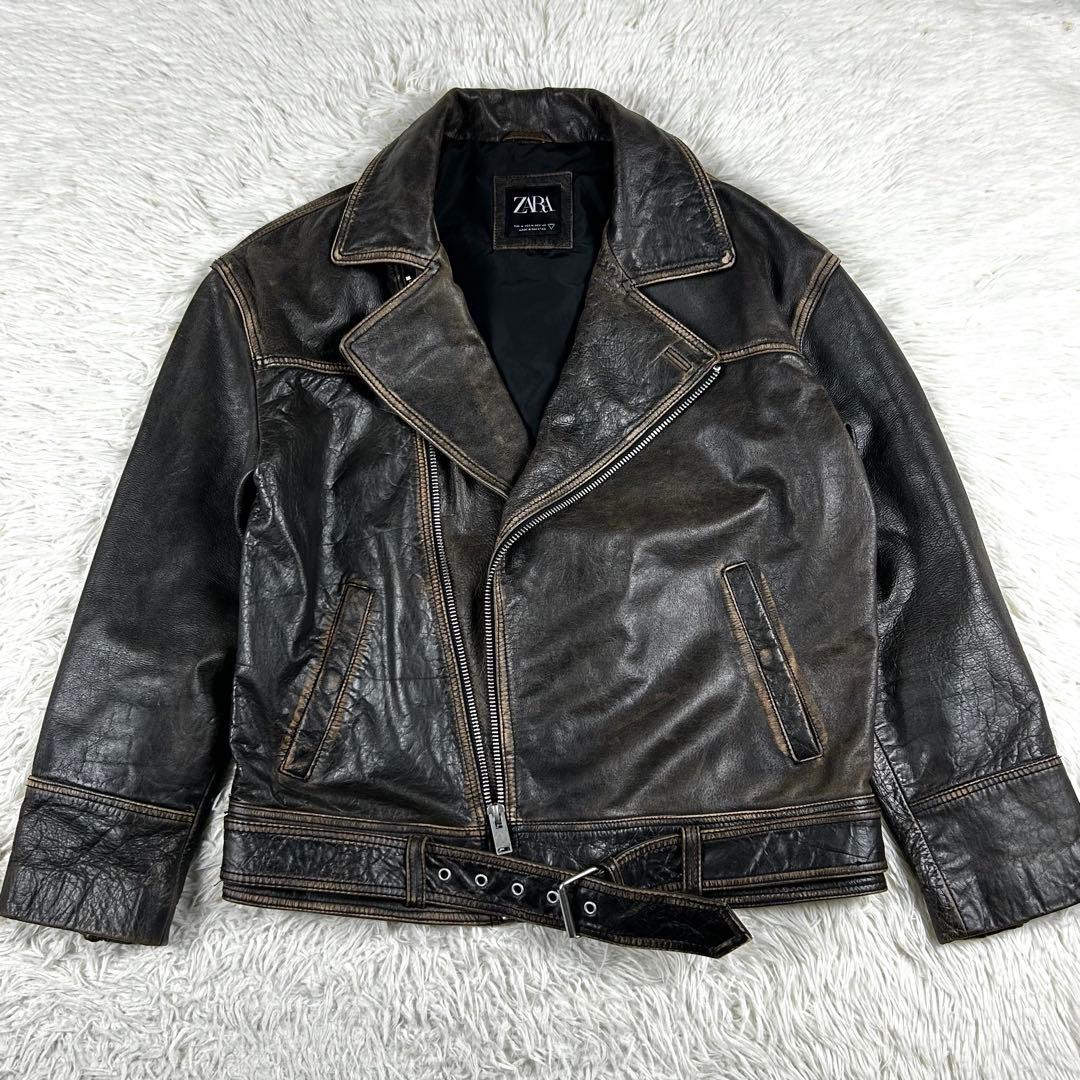 極美品 ザラ ダブルライダース レザージャケット XL相当 大きいサイズ 黒茶芯