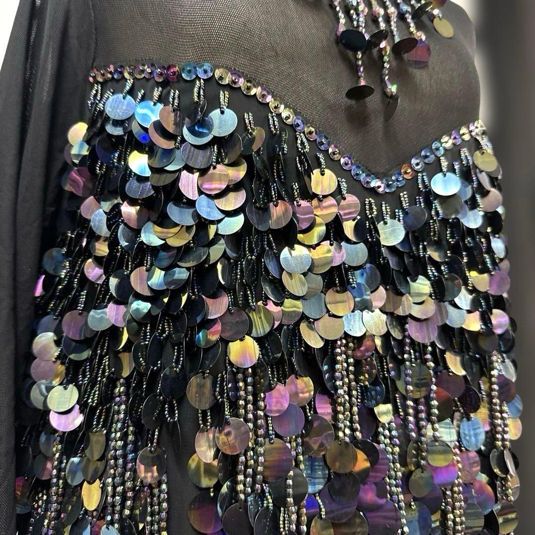 Y6049★L 黒 スパンコール ラテンドレス 社交ダンス