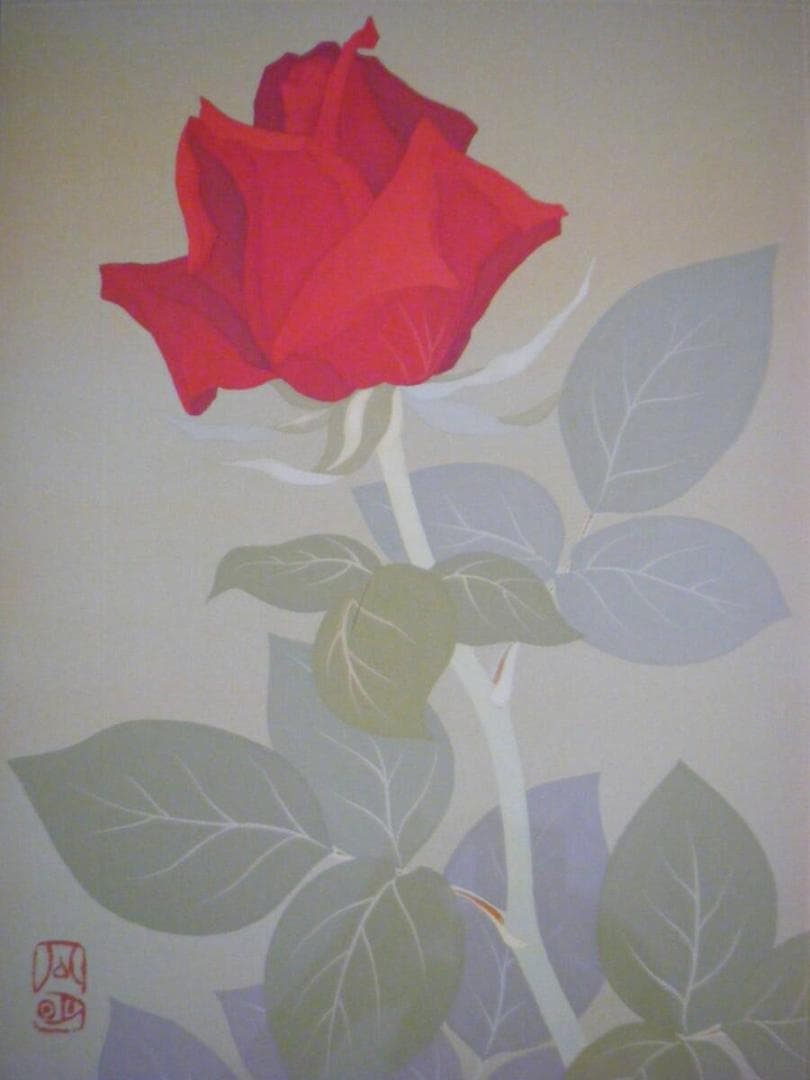 【真作】絵画　板倉公明　日本画4号　薔薇　美品　共シール　箱・黄袋入　R44